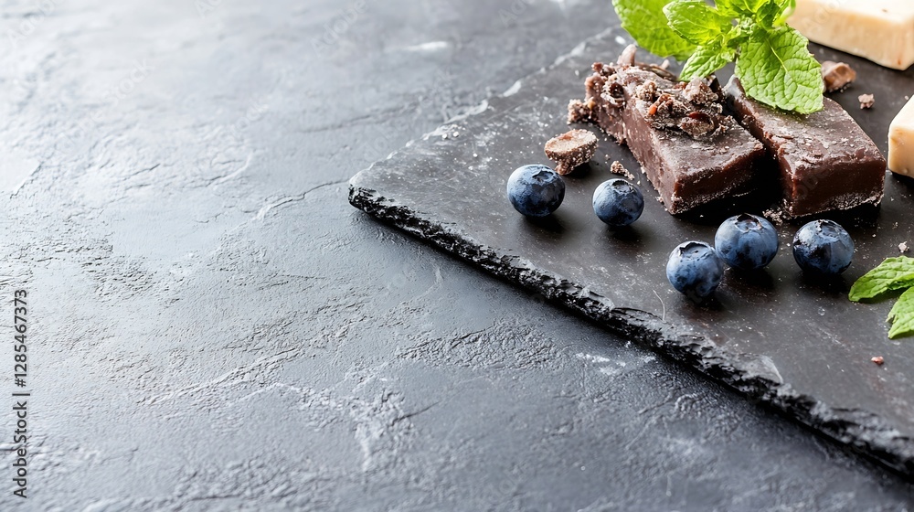 Poster artistic display of chocolate delicacies and fresh berries on slate background : generative ai