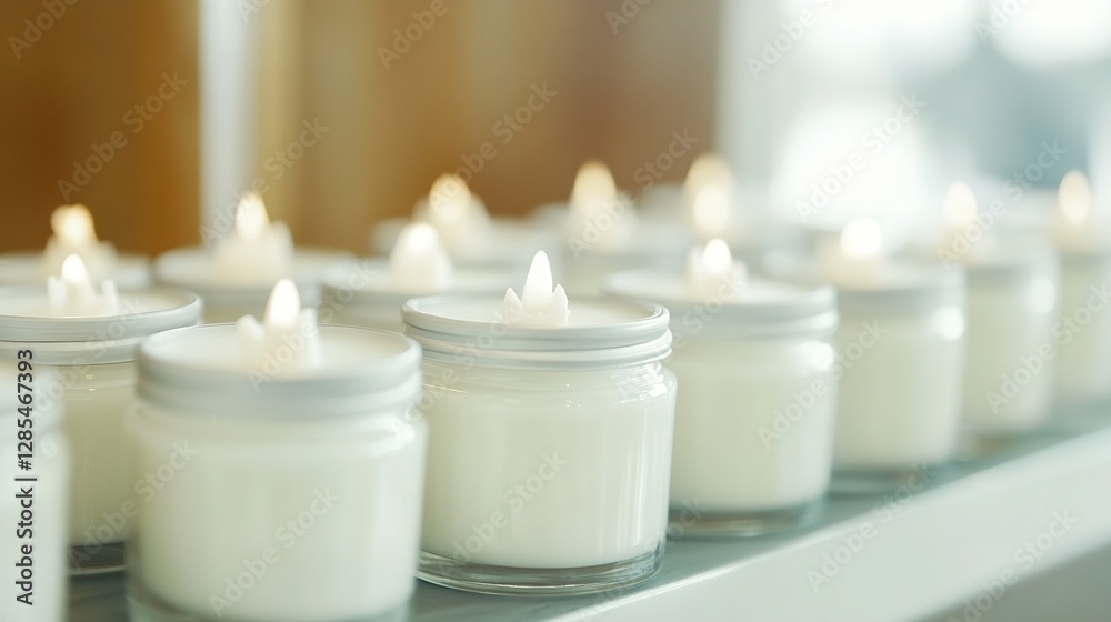 Poster series of aromatic white candles in clear glass jars with soft light : generative ai