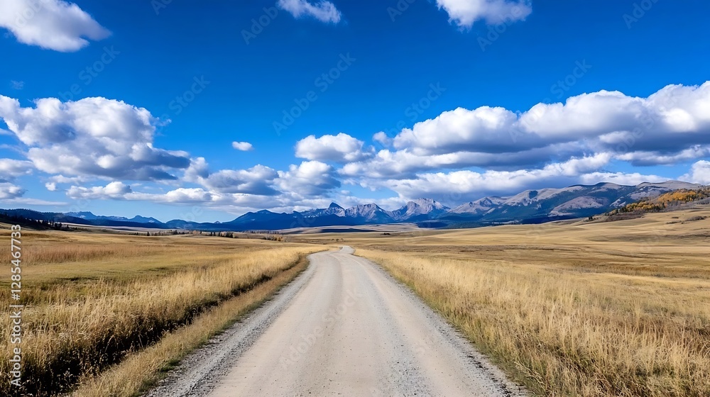 Poster Serene Open Road Through Golden Fields Under a Blue Sky with Fluffy Clouds : Generative AI