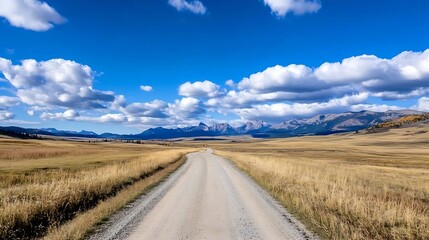 Fototapeta premium Serene Open Road Through Golden Fields Under a Blue Sky with Fluffy Clouds : Generative AI
