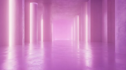 Pink Neon Lit Corridor With Reflective Floor