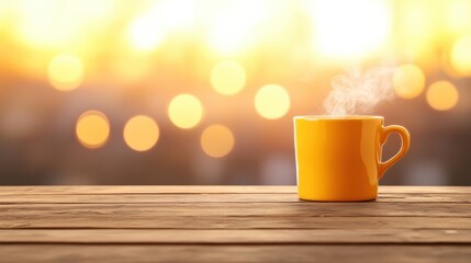 A steaming yellow coffee cup sits on a wooden table, with a warm, glowing background creating a cozy atmosphere.