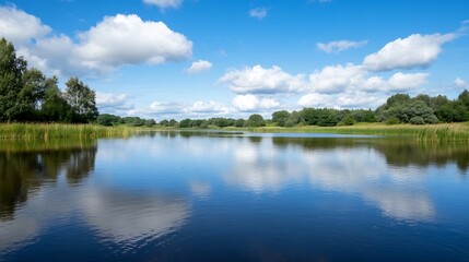 Picturesque calm lake reflecting blue sky and fluffy clouds surrounded by green foliage : Generative AI
