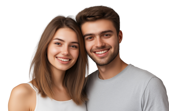 A smiling young couple a woman with shoulder-length brown hair and a light skin tone, wearing a white top, and a man in a grey t-shirt, posing for a photo isolated on a transparent background - Powered by Adobe