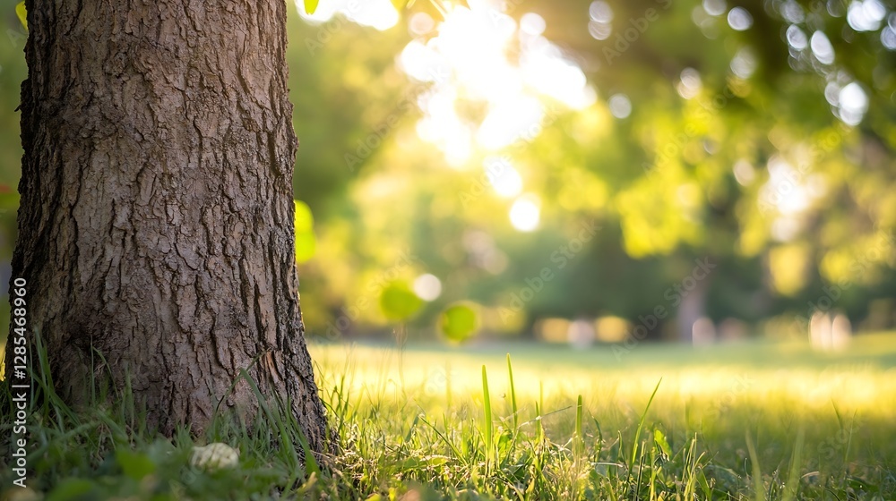 Poster serene sunlit park scene with tree trunk and lush green grass : generative ai