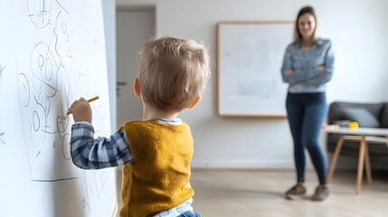 A young child intently drawing on a whiteboard with a guardian figure standing nearby observing and approving of the learning process in a clean minimalistic classroom setting