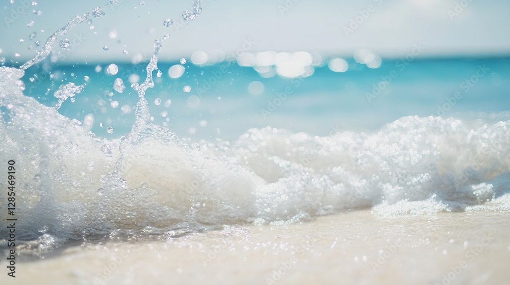 Poster dynamic waves crashing on sandy beach under bright sunny sky : generative ai