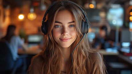 A woman with a microphone and headphones facing the camera, her office mates working in the background.