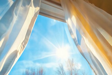 Window is open wind blows curtain sun shining through window blue sky background