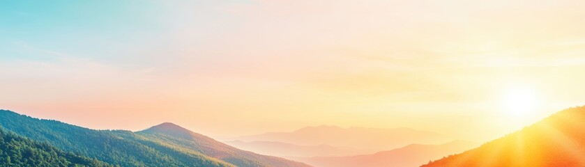 Obraz premium A serene landscape showing mountains under a soft sunrise, blending vibrant hues of blue and gold, evoking peace and tranquility.