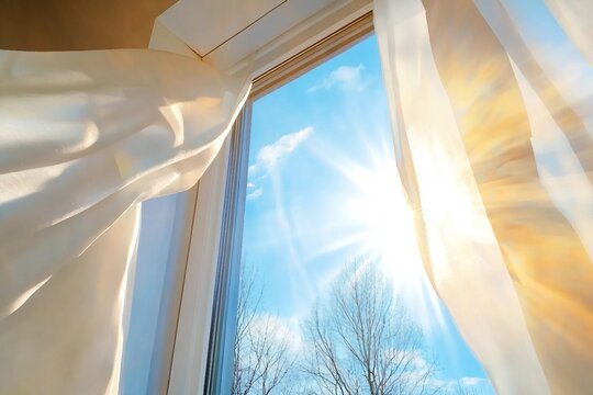 Fototapeta Window is open wind blows curtain sun shining through window blue sky background