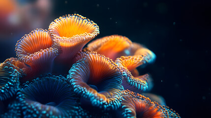Obraz premium A close up of a coral reef with a bright orange and blue flower