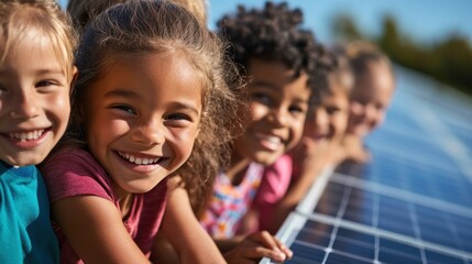 Happy diverse children smiling near solar panels.