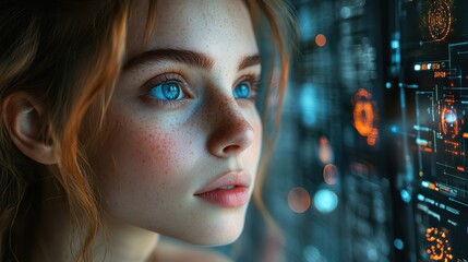 A woman with captivating blue eyes gazes thoughtfully into the distance, surrounded by digital interfaces and holographic elements that symbolize innovation and technology