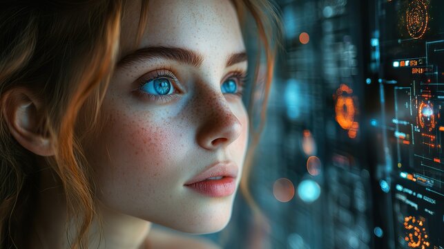 A woman with captivating blue eyes gazes thoughtfully into the distance, surrounded by digital interfaces and holographic elements that symbolize innovation and technology
