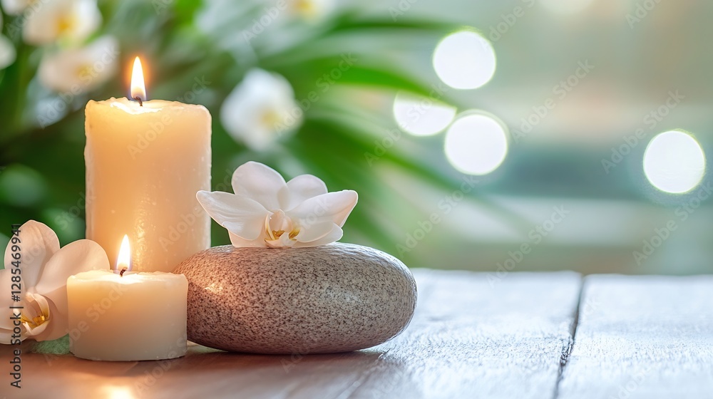 Poster peaceful spa scene with candles and orchid flowers creating a relaxing atmosphere for wellness : gen