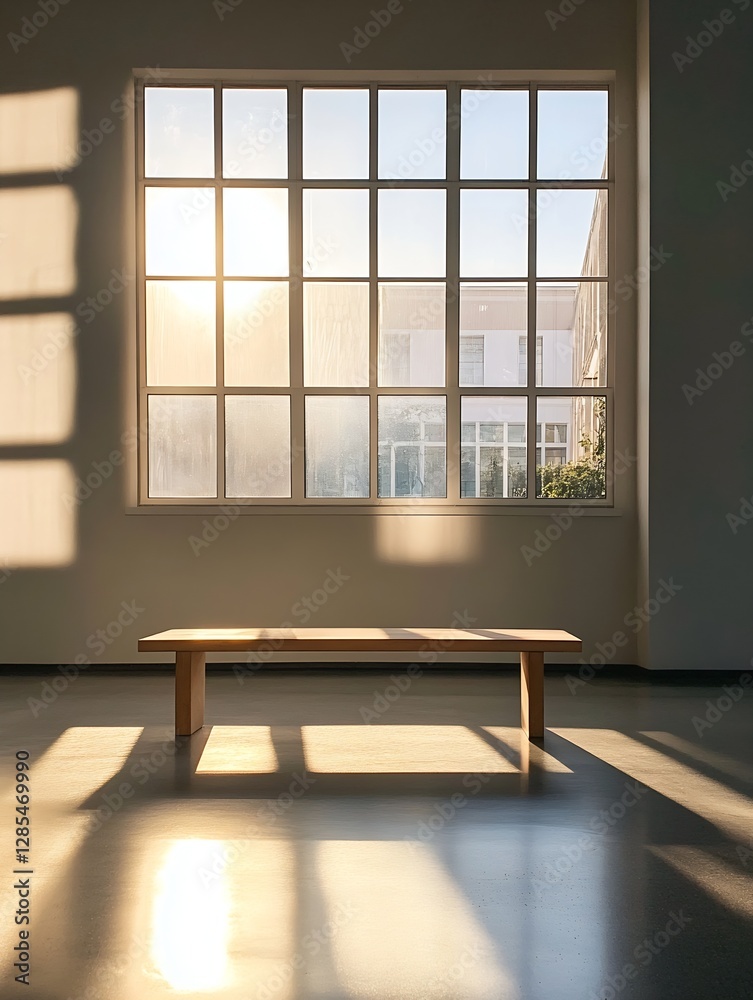 Aufkleber sunlit room with wooden bench and large windows casting gentle shadows : generative ai