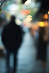 Blurred Silhouette of a Person Walking on a Busy Street with Atmospheric Bokeh Lights in the Background : Generative AI