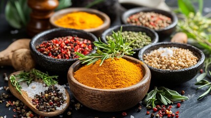 Colorful Variety of Spices and Herbs in Wooden Bowls Displayed on a Dark Table : Generative AI