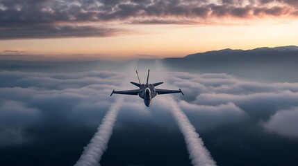 Naklejka premium Fighter Jet Flying Over Clouds at Sunset with Contrails in the Sky : Generative AI
