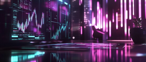Fototapeta premium Futuristic office space with glowing graphs and data analytics on screens, showcasing a modern work environment at night