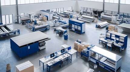 An aerial birds eye perspective showcasing the comprehensive layout and well organized workstations of a state of the art metal sheet production facility