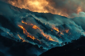 Fototapeta premium Forest fire consumes mountain slopes in California, creating a dramatic blaze against the evening sky, Forest fire burning a mountainside in California