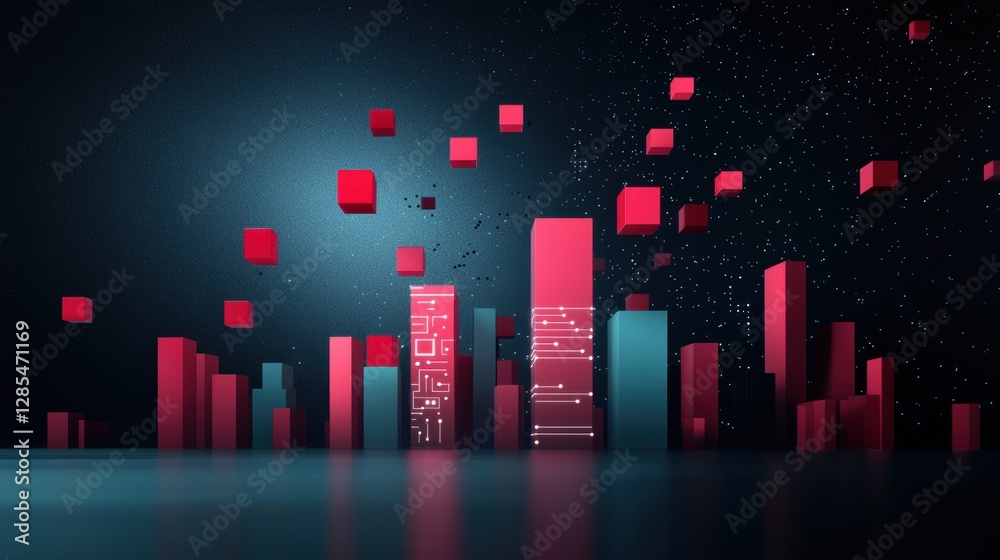 Poster a futuristic cityscape at night with data streams flowing between buildings, representing the increa