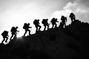 Fototapeta premium Silhouetted Climbers Ascend Rocky Mountain Trail