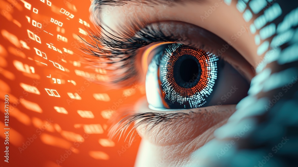 Poster a human eye superimposed on a background of flowing binary code, representing the concept of data an