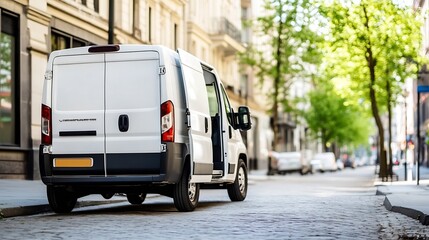 Modern white delivery van parked on a quiet street surrounded by green trees : Generative AI