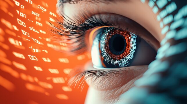 A human eye superimposed on a background of flowing binary code, representing the concept of data analysis and interpretation.
