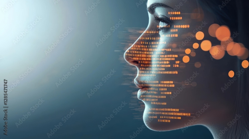Poster a human face partially obscured by binary code and circuit board patterns, suggesting the merging of