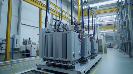 Captivating time lapse footage showcasing a transformer being subjected to extreme load conditions within a specialized industrial testing facility