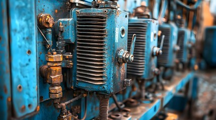 Close up detailed shot of the weathered and aged cooling fins on an old oil filled industrial transformer  The image showcases the intricate patterns textures