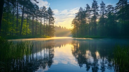 Obraz premium Serene early morning mist over a tranquil lake surrounded by tall trees and soft sunlight emerging : Generative AI