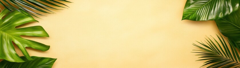 A tropical background featuring lush green leaves against a soft yellow backdrop, perfect for a refreshing and vibrant aesthetic.