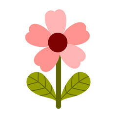 A cute pink flower with heart-shaped petals and a red center, paired with green leaves. Perfect for stickers, clipart, and decorations, adding a sweet and cheerful touch to any design or project.