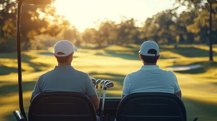 Two professional golfers seated in a golf cart, their expressions focused, golf clubs visible in the back of the cart, surrounded by sunny green fairways and distant trees 