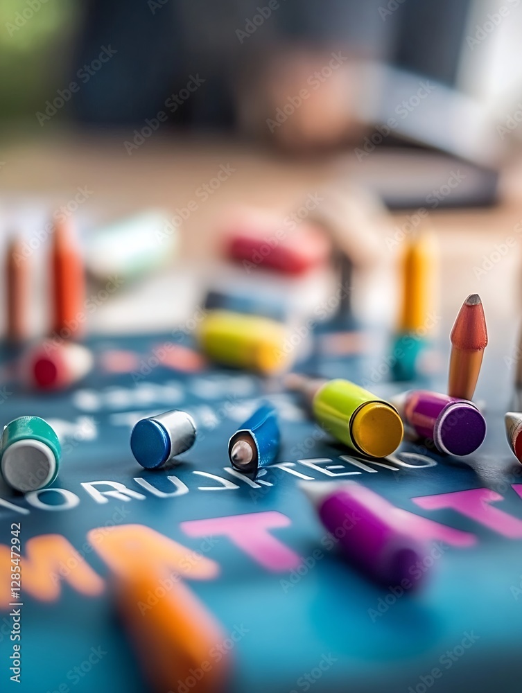 Poster vibrant collection of colored pencils and crayons spread across a colorful workspace : generative ai