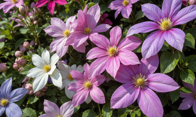 Clematis (Clematis spp.) A popular climbing vine in the UK, known for its large, vibrant flowers that come in