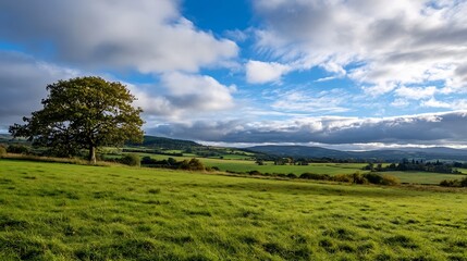 Obraz premium Expansive Green Fields Under a Scenic Sky with a Single Tree : Generative AI