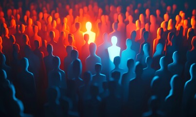 Obraz premium Abstract Design: Individual Standing Out and Glowing Among the Crowd, Symbolizing Self-Growth