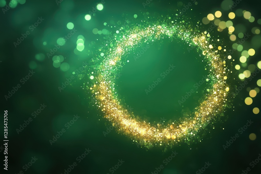 Poster Blinking ring of golden lights on vibrant green background creates a mesmerizing visual effect, Blinking ring of lights on green background