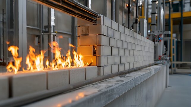 Close up view of fire resistant wall panels being evaluated in a laboratory setting to assess their thermal resistance structural integrity and compliance with safety standards and building codes