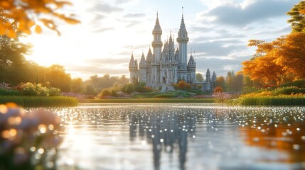 Majestic Castle Reflecting in Autumnal Lake at Sunset