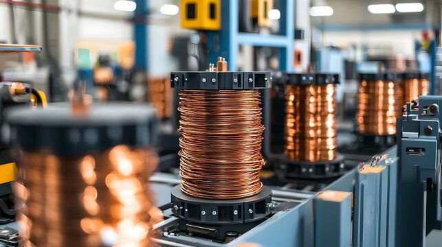Closeup view of copper wire being carefully wrapped around a transformer core during the manufacturing process in an industrial factory setting