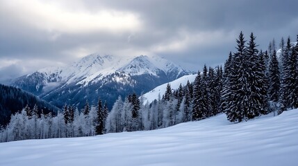 Majestic snow covered mountains under dramatic cloudy sky in serene winter landscape : Generative AI