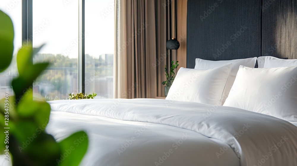 Poster luxurious modern bedroom interior featured with crisp white bedding and large windows with a view of