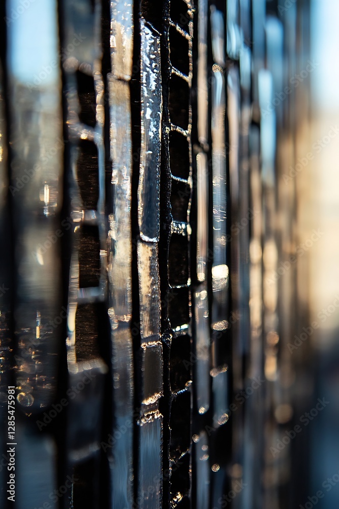 Poster Close Up of Glimmering Black Tiles Reflecting Light in an Urban Setting : Generative AI